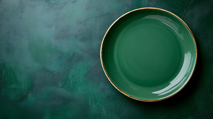Poster - Top view of empty green plate on dark green background