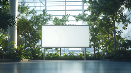 Aufkleber - Tranquil airport atrium with large blank mockup billboard surrounded by trees, peaceful design