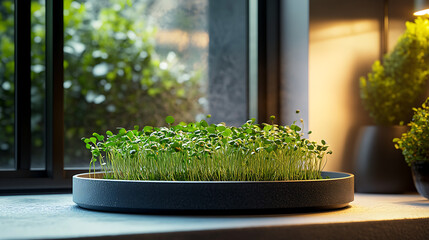 Poster - Tray with microgreens on the windowsill at home