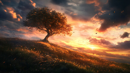 Aufkleber - Tree in the sunsetwide angle shot of a single tree growing under a clouded sky during a sunset surrounded by grass