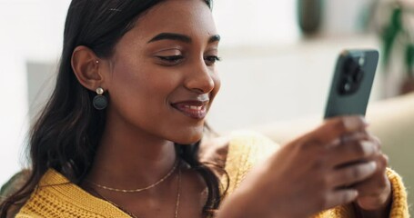 Poster - Happy, woman and phone text with social media, home and dating app with smile and flirty message. Couch, mobile networking and website with scroll, swipe and internet search online in living room