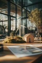 Aufkleber - Eco-Innovative Design Landscape Minimalist Wooden House Model, Wind Turbine and Natural Elements - Sustainable Architecture Visualization for Climate-Conscious Urban Planning