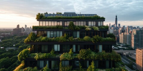 Aufkleber - Urban Vertical Ecosystem Innovative Green Architecture Transforming City Skylines with Sustainable Design, Solar Integration, and Elevated Biophilic Landscape Solutions