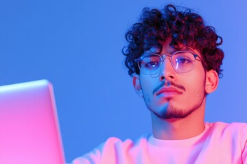 Aufkleber - Synthwave Innovator Gen Z Tech Professional Exploring Digital Creativity in Neon-Infused Cyberpunk Workspace - Immersive Remote Work Evolution