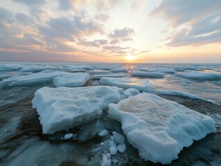Aufkleber - Climate Crisis Visualization Fractured Arctic Seascape at Golden Hour - Ecological Transformation and Environmental Documentation in 8K Ultra-Resolution