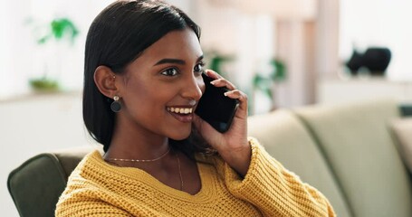 Aufkleber - Happy girl, relax and laughing on sofa with phone call in discussion, gossip or humor at home. Young indian or female person with smile on mobile smartphone for friendly conversation or chat at house
