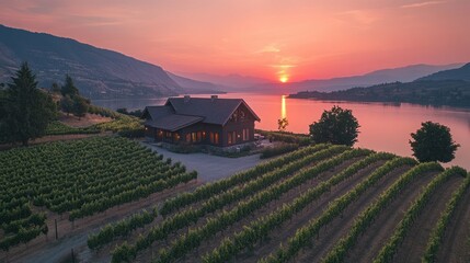 Aufkleber - A stunning sunset casts warm hues over a lush vineyard by a calm lake. The cozy house blends harmoniously with nature, creating a peaceful retreat perfect for relaxation