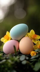 Poster - Soft Spring Elegance Pastel Easter Eggs in Golden Hour Botanical Setting - Trendy Seasonal Lifestyle and Mindful Celebration Aesthetic