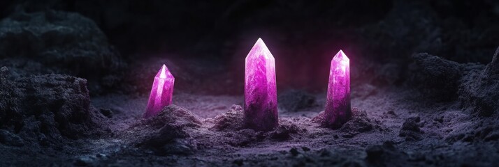 Poster - Mystical Metaphysical Branding Luminescent Amethyst Crystal Podiums in Dark Ethereal Landscape - Spiritual Wellness and Transformative Marketing Visuals