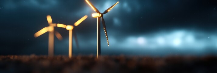 Poster - Cutting-Edge Renewable Energy Visualization Futuristic Wind Turbine Landscape with Atmospheric Illumination, Symbolizing Green Technology Innovation and Sustainable Power Solutions