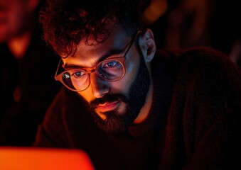 Poster - Moody Tech Intimacy Cinematic Portrait of Digital Creative in Low-Light Workspace - Gen Z Innovation and Immersive Professional Storytelling