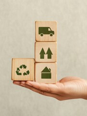Aufkleber - Minimalist Green Mobility Solutions Eco-Conscious Wooden Blocks Showcasing Sustainable Urban Transportation Strategy for Next-Gen Business Innovation