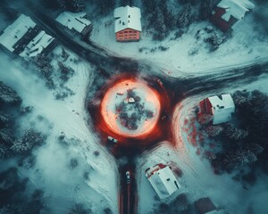 Aufkleber - Drone Winter Cityscape Aerial Thermal Intersection Reveals Urban Infrastructure Resilience in Extreme Weather Conditions - Smart City Snow Management