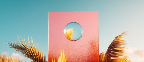 Aufkleber - Minimalist Tropics Geometric Solar Sphere Explores Climate-Responsive Design through Pastel Gradient and Organic Palm Textures - Sustainable Aesthetic Innovation