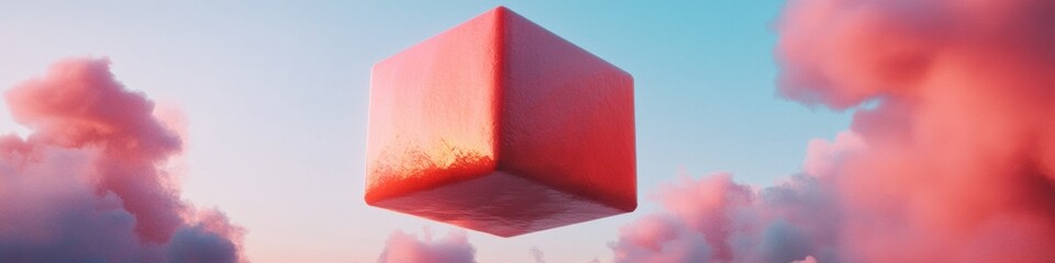 Fototapete - Surreal Digital Marketing Reveal Coral Geometric Cube Suspended in Dreamy AI-Generated Cloud Landscape - Innovative Branding Concept for Emerging Creative Campaigns