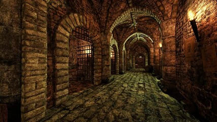 Poster - Stone walled corridor in an old medieval dungeon with fire torches on the walls. 3D animation.