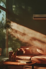 Aufkleber - Warm Minimalist Living Golden Hour Sanctuary - Organic Modern Interior Design Capturing Soft Sunlight, Earthy Textures and Serene Home Aesthetics