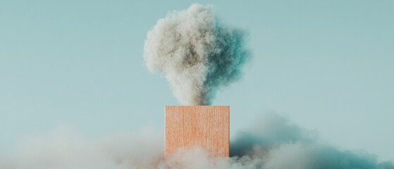 Fototapete - Minimalist Conceptual Cloud Metaphor Ethereal Smoke Transform Wooden Block in Soft Blue Aesthetic - Creative Visualization of Change, Innovation, and Dynamic Business Potential