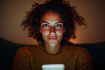 Aufkleber - Digital Intimacy and Screen Glow Moody Low-Light Portrait Capturing Modern Connection, Soft Warmth, and Authentic Tech-Enabled Personal Moment