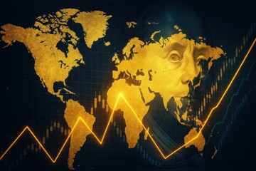 Poster - Global Finance: An artistic depiction of global finance, featuring a stylized world map with gold accents and a fluctuating financial graph superimposed.