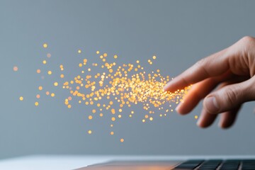 Poster - Digital Transformation Visualization Minimalist Hand Revealing Golden Particle Data Flow - Futuristic Tech Innovation, AI-Driven Connectivity and Creative Business Intelligence