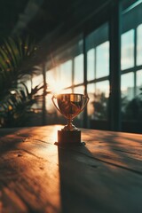 Poster - Golden Hour Triumph Minimalist Achievement Trophy Illuminating Corporate Success with Warm Sunset Glow - Inspirational Business Milestone Visualization