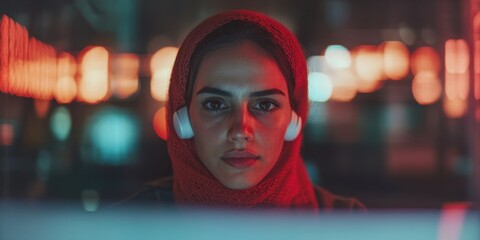 Poster - Urban Tech Diversity Empowered Female Professional in Cinematic Mood Lighting, Revealing Resilience and Digital Connectivity in Contemporary Workspace