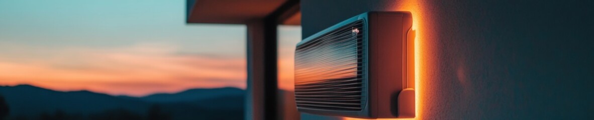 Aufkleber - Minimalist Urban Comfort Sleek Wall-Mounted AC Unit Capturing Golden Hour Sunset Design - Architectural Climate Solutions for Modern Living Spaces