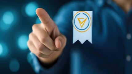 Poster - Digital Verification, Hand Interacts with a Virtual Validation Badge,  Representing Online Security and Trust.