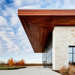 Poster - Sustainable Architectural Innovation Cantilevered Wood and Stone Design Showcasing Eco-Conscious Modern Minimalism in Cutting-Edge Commercial Landscape