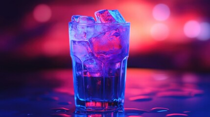 Fototapete - Glowing neon soda glass with deep blue and electric purple highlights captures a cyberpunk aesthetic in a futuristic setting