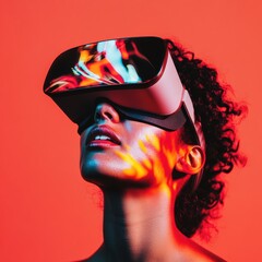Fototapete - Immersive Tech Awakening Gen Z Metaverse Explorer in High-Contrast Virtual Reality Headset - Cutting-Edge Digital Experience and Futuristic Learning Interface