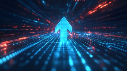Poster - dynamic digital arrow ascending through neon data streams virtual environment high-tech concept visu