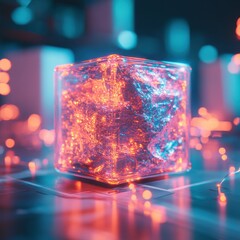 Aufkleber - Cyberpunk Liquid Crystal Dynamics Iridescent Quantum Cube Visualization in Neon Chromatic Flux - Futuristic Digital Art and Immersive Tech Innovation