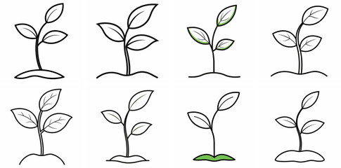 Aufkleber - Seedling Sprout Outline Vector Set – Line Art Drawing for Coloring Book Page on White Background