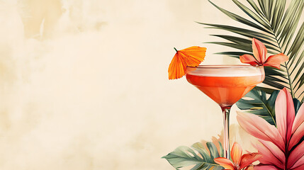 Poster - Tropical cocktail party banner template with an illustration of tropical leaves and orange and pink palm leaves on a beige background
