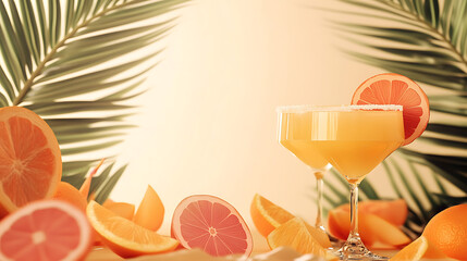 Poster - Tropical cocktail party banner template with an illustration of tropical leaves and orange and pink palm leaves on a beige background
