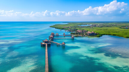 Poster - Tropical landscape with a long pier, villas on the water with lagoons, aerial view, panoramic shot