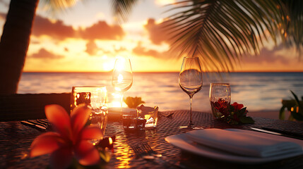 Aufkleber - Tropical table setting at sunset with flowers, perfect for travel and dining industries