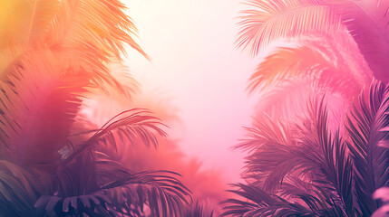 Poster - Tropical summer background with palm trees and sunset sky pink purple orange colors, white background summer travel poster design