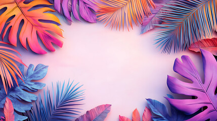 Poster - Tropical summer background with palm trees and sunset sky pink purple orange colors, white background summer travel poster design