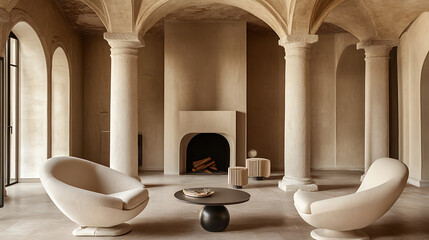 Aufkleber - Two accent chairs near fireplace, room with columns and arch ceiling, art deco, minimalist interior design of modern living room, home