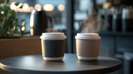 Poster - Two coffee cups with steam on table in a cafe