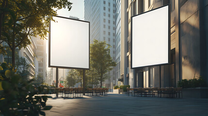 Aufkleber - Two large blank billboards outside a modern building with cafe seating, urban street setting, concept for advertising space
