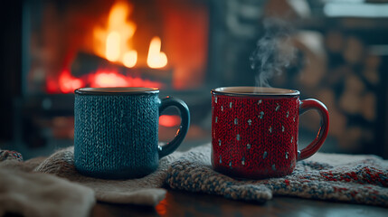 Poster - Two mugs of different colors, woolen things near the cozy fireplace, in the country house, winter holiday