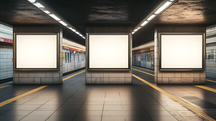 Poster - Underground metro interior with four blank billboards for advertisements, public transport