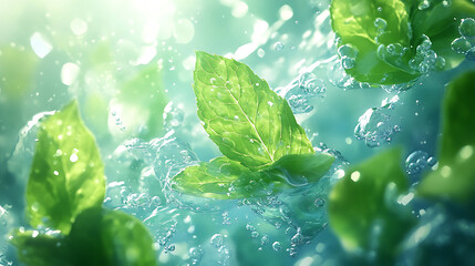 Aufkleber - Underwater air flow with a mint leaf creates a menthol aromatic aroma and a refreshing effervescent taste, modern illustration