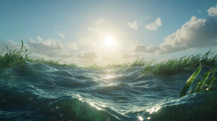Poster - Underwater ocean view with sun glaring above the waves, bright ocean background