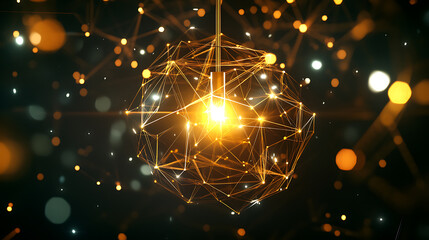 Aufkleber - Using polygonal lines to create a bright light in an incandescent lamp on a dark background represents creativity, innovation, and technology