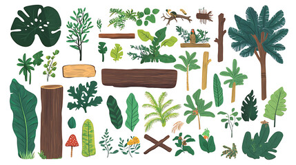 Poster - Various jungle wooden boards flat icon set, cartoon set of wooden panels, wooden boards and direction signs with plants in forest isolated on white background